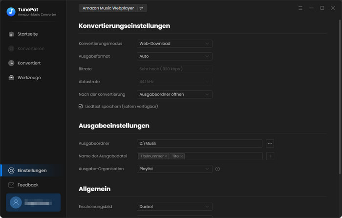 Tunepat Amazon Music Converter Einstellungen.