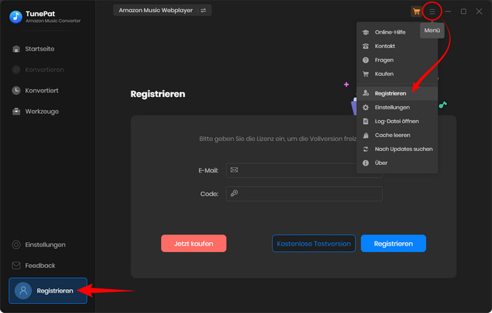 TunePat Amazon Music Converter registrieren 