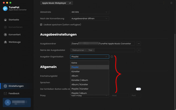 Ausgabeeinstellungen im Einstellungsfenster