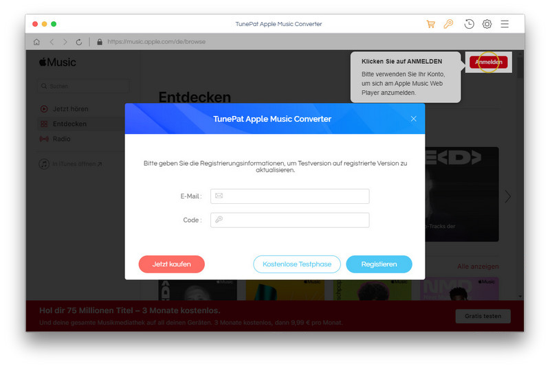 TunePat Apple Music Converter for Mac registrieren