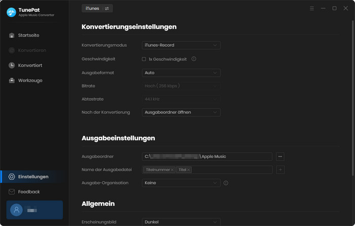 TunePat Apple Music Converter Einstellungsfenster