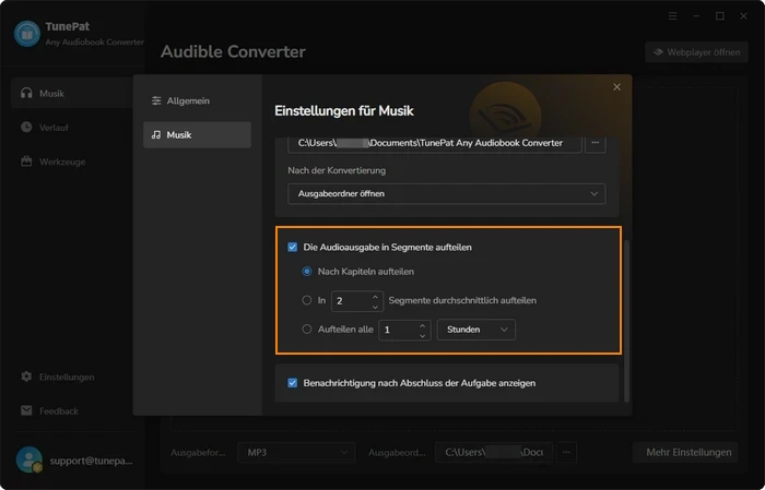 Audioausgabe in mehrere Segmente aufteilen