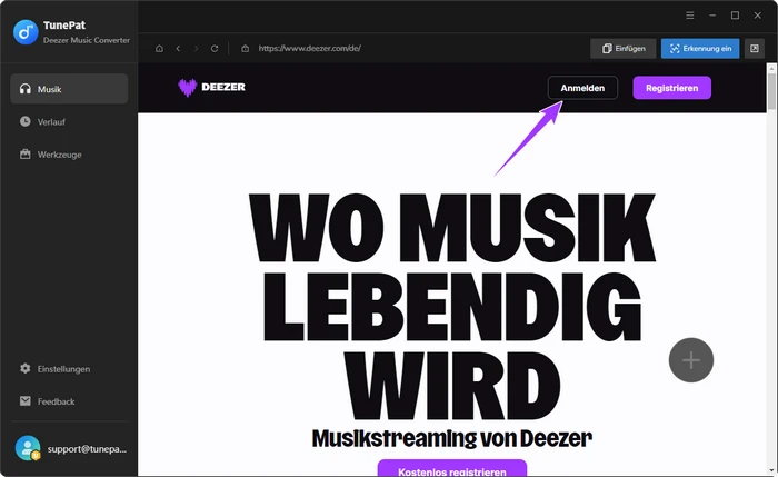 Bei Deezer Music anmelden