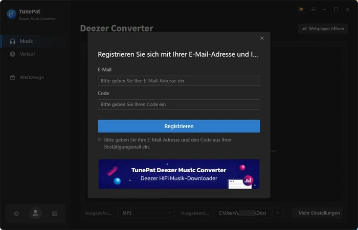 Registieren bei Deezer Music Converter