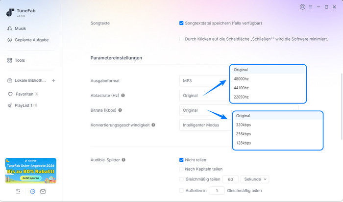 Abtastrate und Bitrate von TuneFab