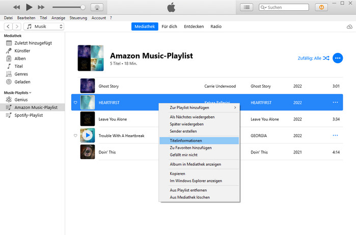 Titelinformationen von Amazon Music in iTunes anzeigen