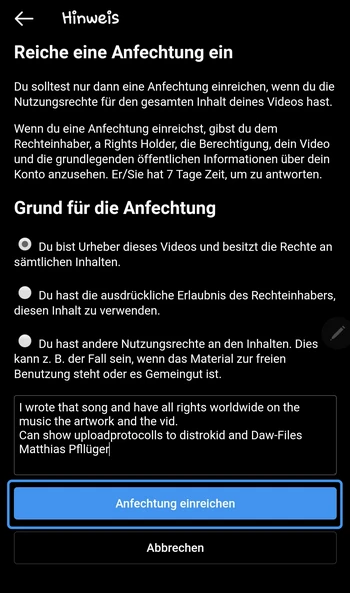Anfechtung einreichen bei Instagram