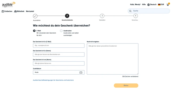 Geschenkdetails von Audible Geschenkabo