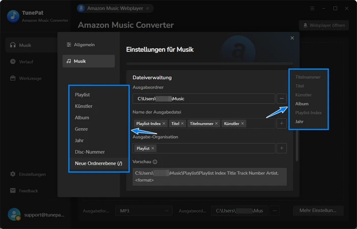 Ausgabe-Organisation von TunePat einstellen