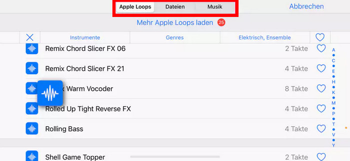 Dateien oder Musik auf GarageBand