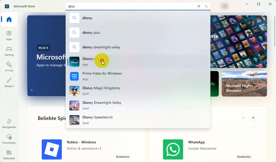 Disney+ im Microsoft Store suchen