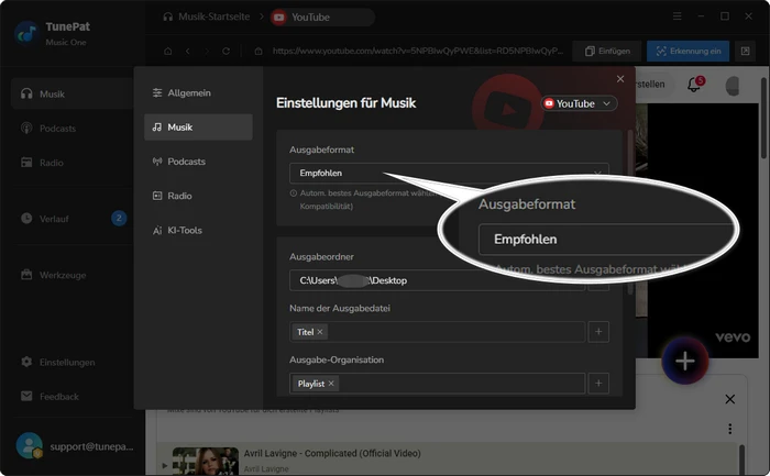 TunePat „Empfohlen“ als Ausgabeformat