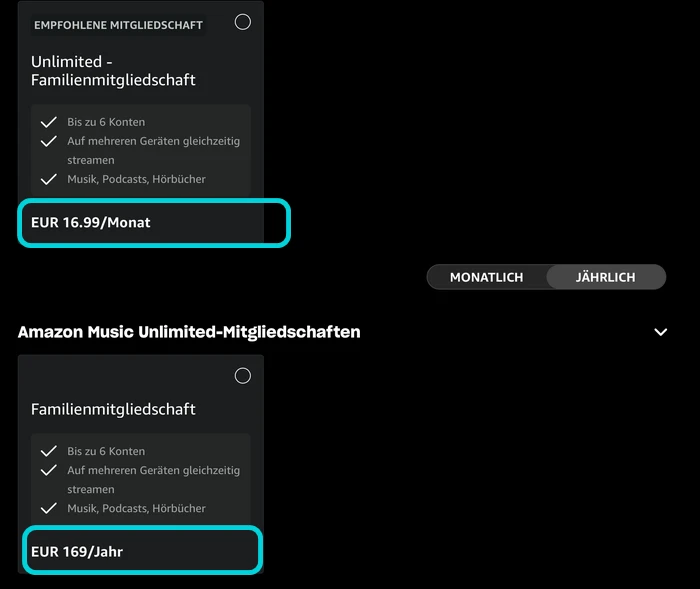 Das monatliche oder jährliche Familienabo entscheiden