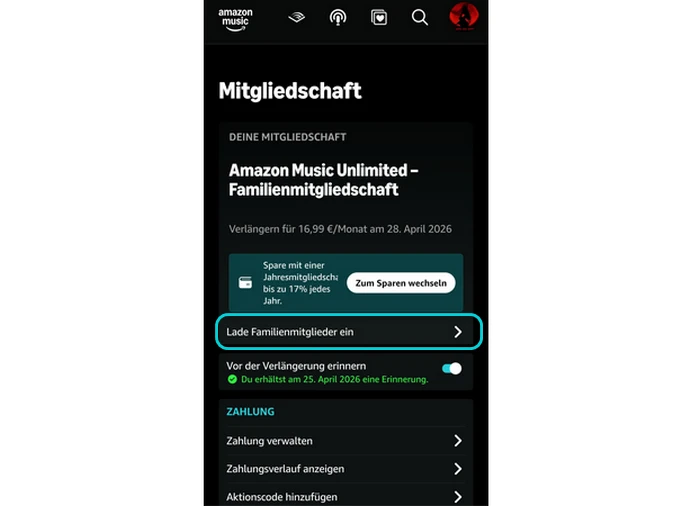 Familienmitglieder einladen und Amazon Music auf mheren Geräten abspielen