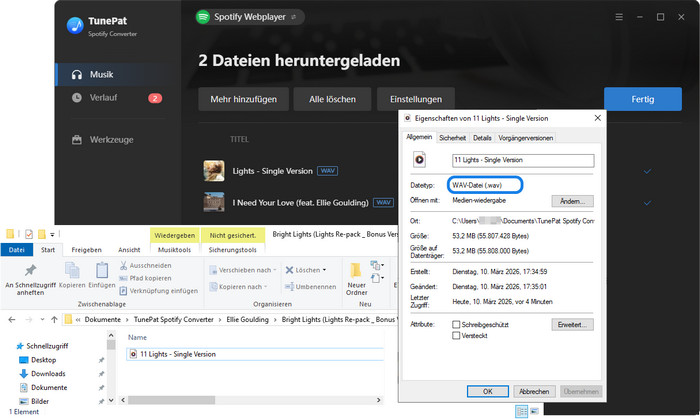 Die fertigen WAV-Dateien von Spotify