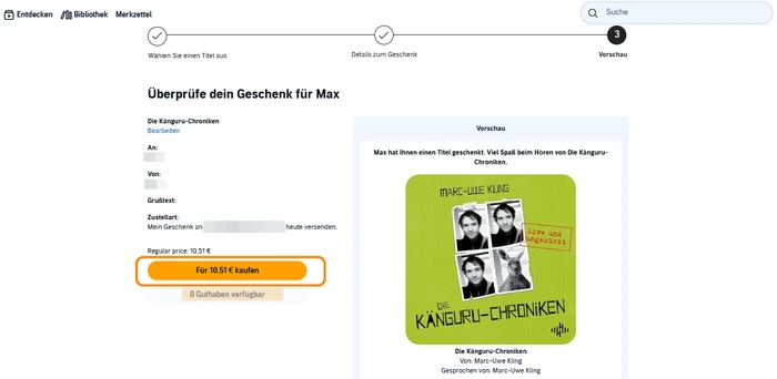 Geschenkdetails überprüfen und Hörbuch kaufen