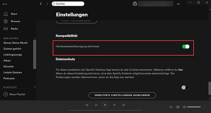 die Hardwarebeschleunigung auf Spotify deaktivieren