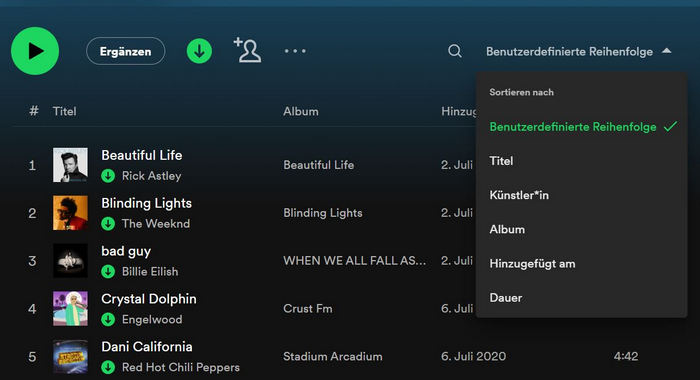 Die integrierte voreingestellte Sortieroptionen in Spotify Desktop-App verwenden 