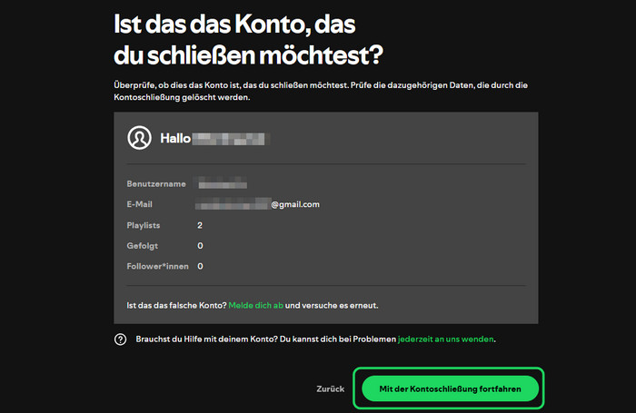 Spotfiy Kontoschließung fortfahren