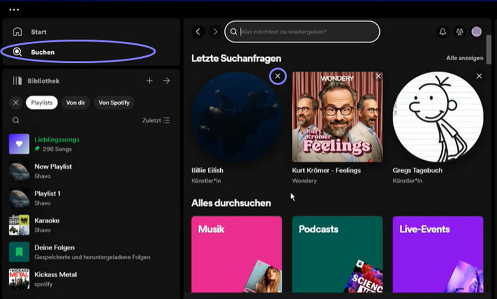 Letzte Suchverläufe von Spotify auf Computer löschen