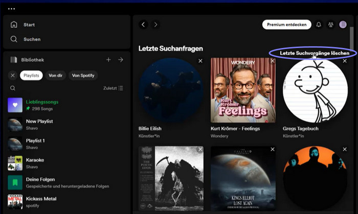 Letzte Suchverläufe von Spotify auf Computer löschen