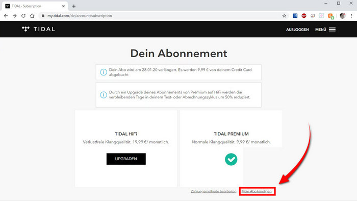 TIDAL-Abonnement im Webseit kündigen