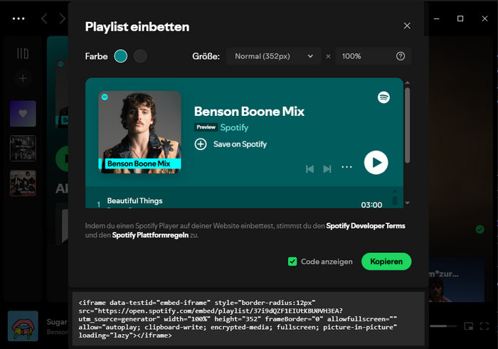 Spotify Playlist HTML-Code kopieren