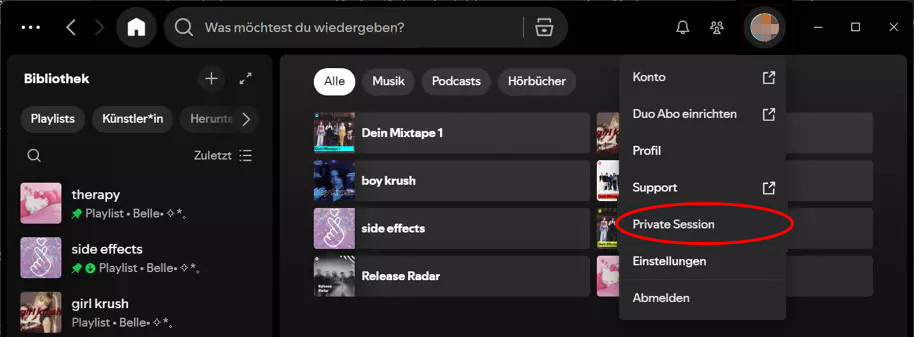 Private Session auf Computer einschalten