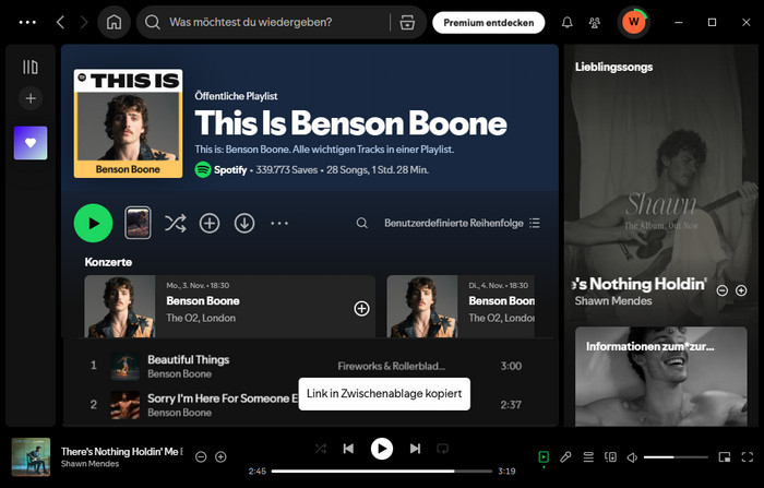 Spotify Playlist Link in Zwischenablage kopiert