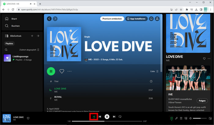 Spotify-Shuffle im Webbrowser ausschalten