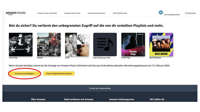 Stornierung von Amazon Music Student bestätigen