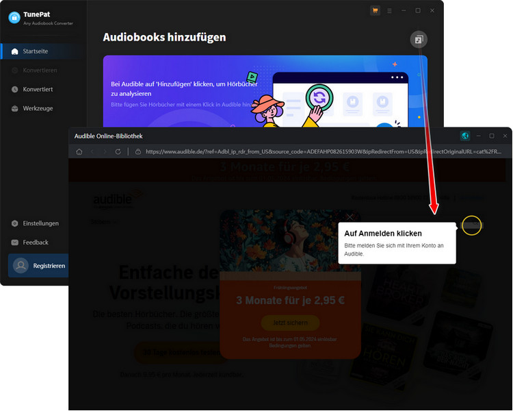 In die Audible Bibliothek gehen und sich bei Audible anmelden