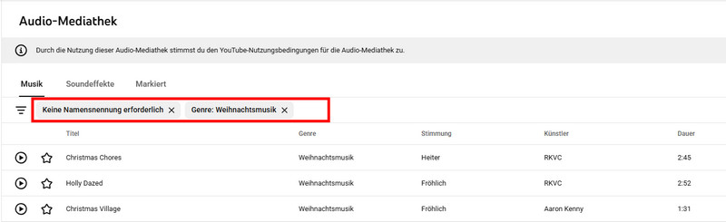YouTube Audio Library mti gemafreier Weihnachtsmusik