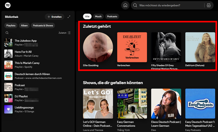 Zuletzt gehört-Playlist von Spotify