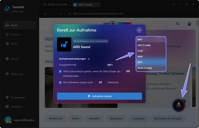 Ausgabeformat für Aufnahme festlegen
