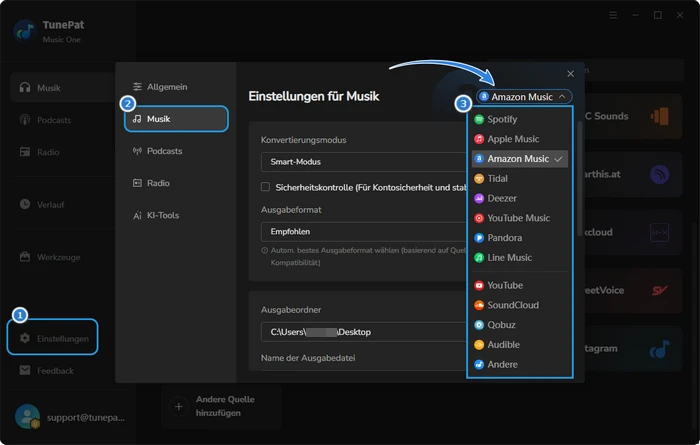 Plattform im Einstellungsfenster wählen