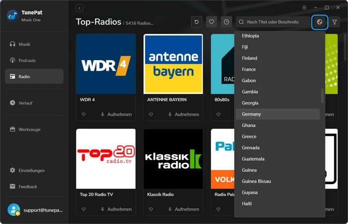 Radio öffnen und Sender auswählen