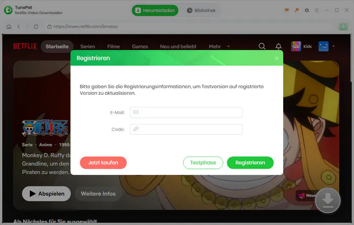 TunePat Nteflix Video Downloader registrieren