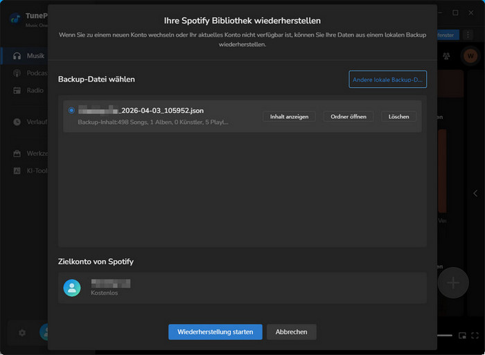 Wiederherstellung von Spotify Bibliothek starten
