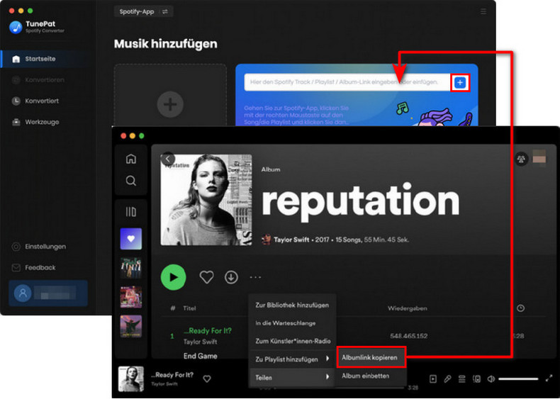 Die Musik auf Spotify-App durch Kopieren von Link hinzufügen