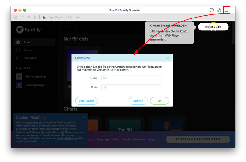 Registrieren TunePat Spotify Converter Mac