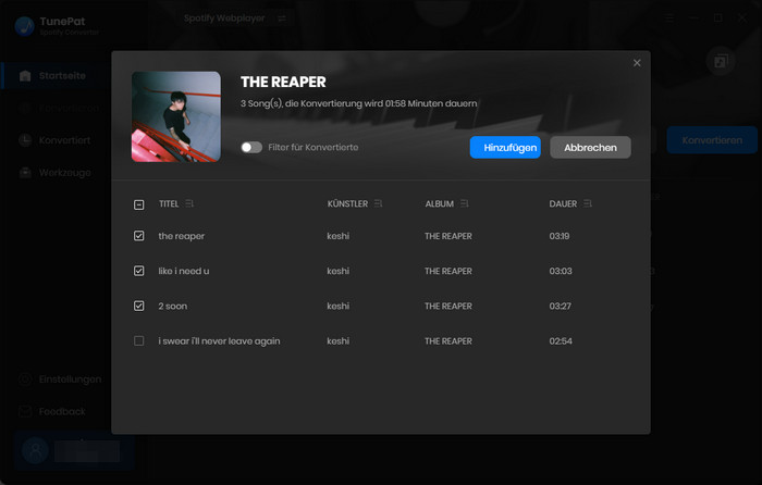 Die zu konvertierenden Spotify-Songs hinzufügen