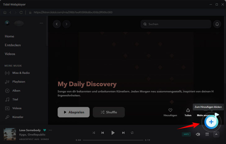 Tidal Musik im Webplayer-Fenster hinzufügen