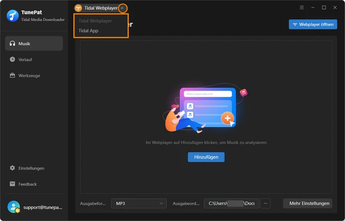 Aufnahmeplattform bei Tidal Media Downloader auswählen