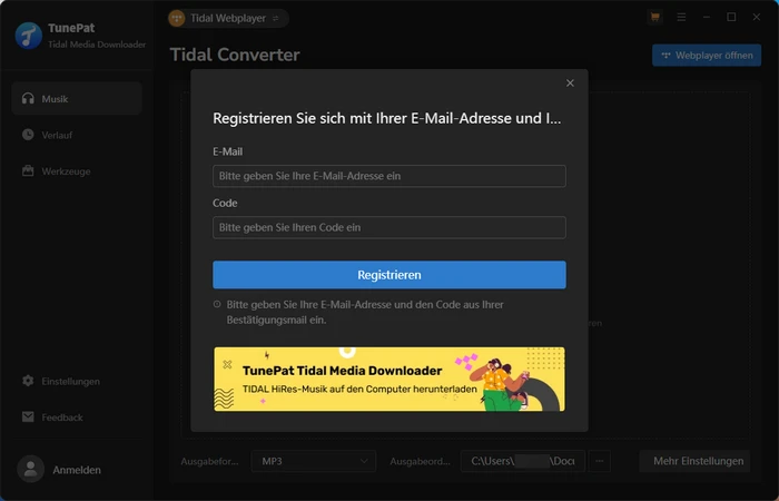 Registieren bei Tidal Media Downloader