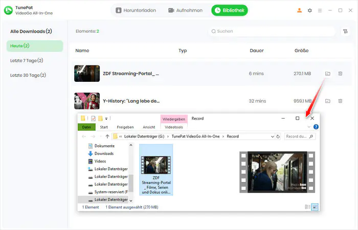 Aufgenommene Videos finden