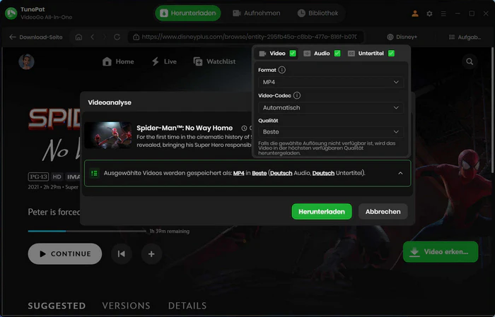 Audiospuren und Untertitel in TunePat auswählen