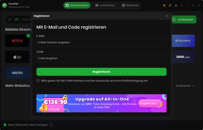 TunePat VideoGo Registrierungsfenster