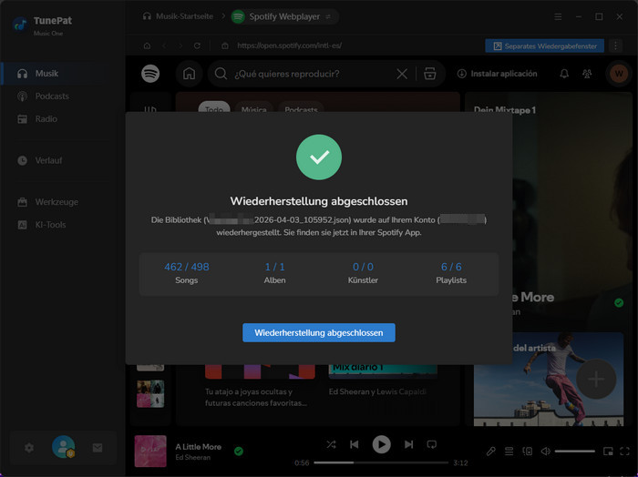 Wiederherstellung von Spotify Bibliothek abschlossen