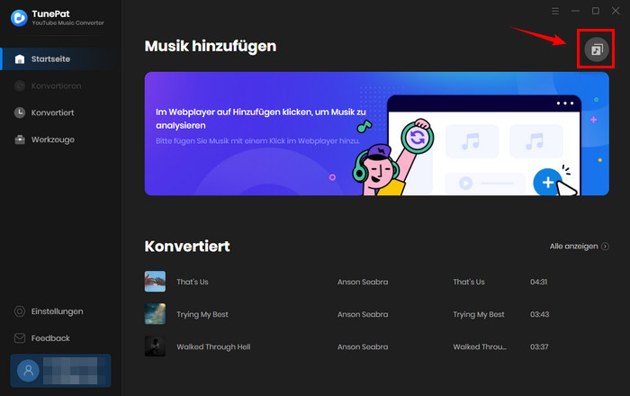 TunePat YouTube Music Converter Webplayer Fenster öffnen